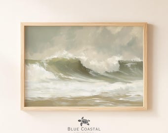 Pintura de olas tenues, arte costero vintage, decoración infantil de surf, estampado de playa neutro, paisaje oceánico, arte de pared de playa antiguo, decoración de pared bohemia