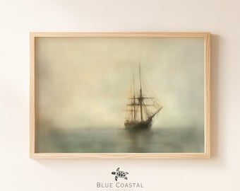 Cuadro de océano sombrío, lámina vintage de barco con tonos apagados, decoración costera para el hogar, decoración náutica para paredes, arte rústico para casas de playa, arte náutico marítimo para paredes.