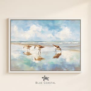 Framed Canvas Sandpiper Wall Art Beach Painting Framed Florida Artwork Blue Beach Print for Beach House Sandpiper Coastal Bird Print Canvas