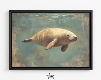 Arte de pared enmarcado de manatí, pintura de vida marina, decoración de pared de Florida, impresión de guardería oceánica, obra de arte vintage con temática costera, arte en lienzo de manatí de Florida