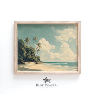 Faded Hawaiian Coast Wall Art Vintage Tropical Art Print Boho Coastal Ocean Painting Beach Wall Art Beach House Decor Palm Tree Print