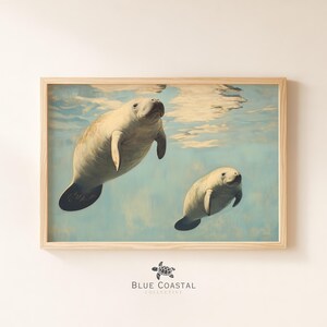 Vintage Mother and Calf Manatee Print Manatee Painting Beach Themed Nursery Decor Florida Artwork Marine Life Wall Art Ocean Painting