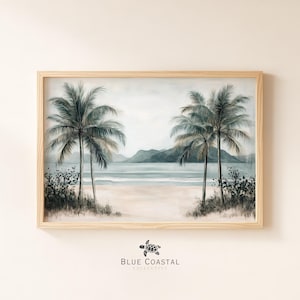 Vintage Tropical Beach Print Antique Beach House Decor Hawaiian Beach Art Palm Tree Print Tropical Wall Art Boho Coastal Ocean Painting