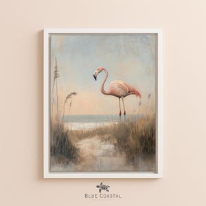 Framed Flamingo Canvas Wall Hanging Pink Flamingo Painting Soft Color Beach Wall Art Vintage Beige Painting Tropical Wall Art Canvas Beach