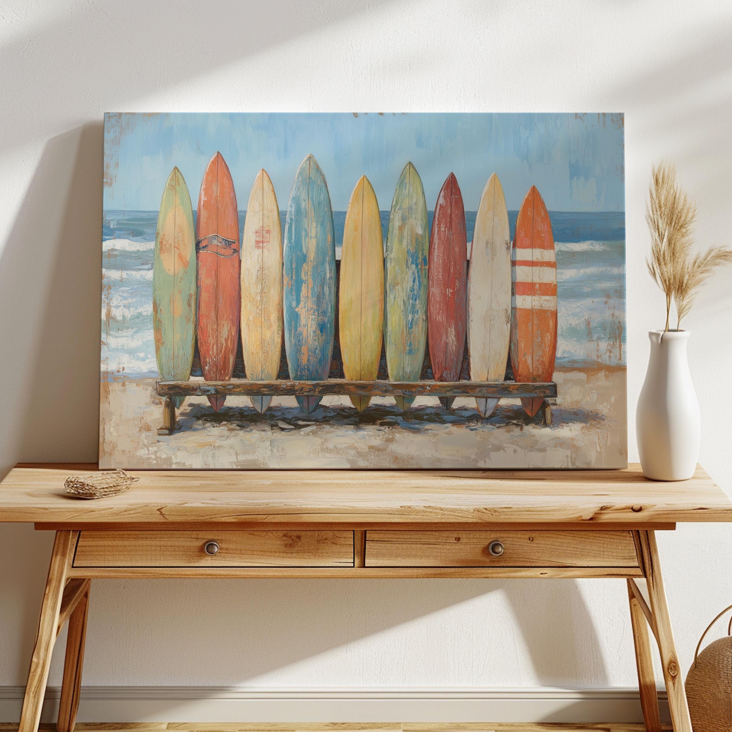 ヴィンテージサーフボードの絵画、ハワイのサーフボード、海の絵画 