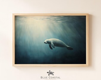 Deep Ocean Painting Manatee Painting Florida Artwork Marine Life Wall Art Vintage Manatee Print Beach House Decor Nursery Decor