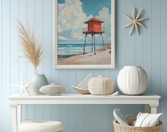 Vintage Lifeguard Print Surf Print Summer Prints Lifeguard Tower Painting Beach House Decor California Wall Art Sandy Beach Wall Art