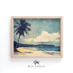 Vintage Tropical Beach Print Muted Neutral Beach Painting Boho Beach House Decor Antique Palm Tree Wall Art Soft Coastal Landscape