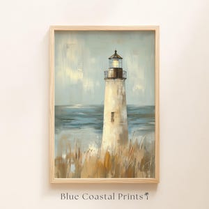 Lámina vintage de faro, paisaje náutico, paisaje marino, decoración costera para guardería, decoración para casa de playa, arte mural playero, pintura de faro imagen 1
