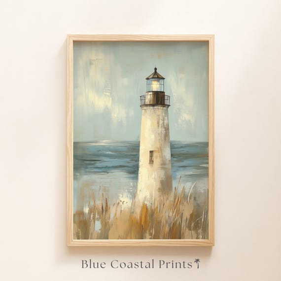 Vintage Lighthouse Print Nautical Landscape Ocean Seascape Coastal Nursery Decor Beach House Decor Beach Wall Art Lighthouse Painting
