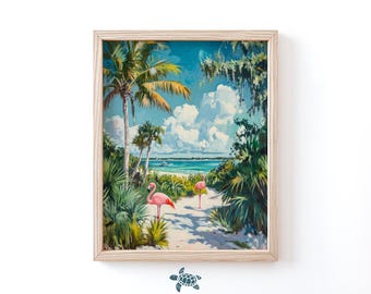 Tropical Beach Poster Flamingo Painting Coastal Wall Art Beach House Decor Coastal Bathroom Print Beach Painting Landscape Florida Decor