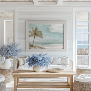 Boho Coastal Ocean Painting Vintage Palm Tree Print Tropical Beach Print Hawaiian Coast Wall Art Beach House Decor Tropical Wall Art