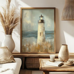 a painting of a lighthouse in a living room