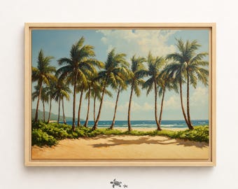 Framed Hawaiian Palm Tree Canvas Tropical Vibrant Beach Painting Tropical Beach Bathroom Wall Decor Hawaiian Art Palm Tree Print Framed Art