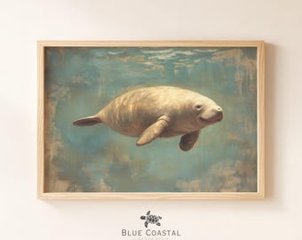 Baby Manatee Painting Beach House Decor Nursery Decor Florida Artwork Marine Life Wall Art Ocean Painting Vintage Manatee Print
