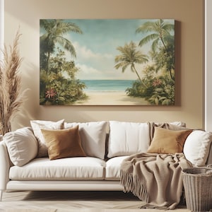 Vintage Tropical Canvas Palm Tree Beach Print Tropical Wall Art Beach House Decor Hawaiian Coast Wall Art Coastal Ocean Painting