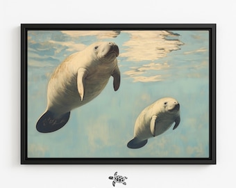 Cuadro de manatí enmarcado para guardería, obra de arte de manatí para bebé, decoración de pared de Florida, arte infantil con temática oceánica, pintura de vida marina, decoración de pared de casa de playa