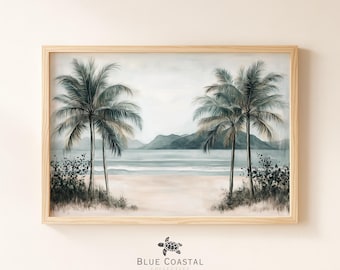 Lámina vintage de playa tropical, decoración antigua para casa de playa, arte hawaiano de playa, lámina de palmeras, arte mural tropical, pintura boho costera del océano