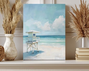 Vintage Lifeguard Tower Matte Canvas Sandy Beach Print on Canvas Summer Seaside Neutral Wall Decor Beach House Wall Art Ocean Painting