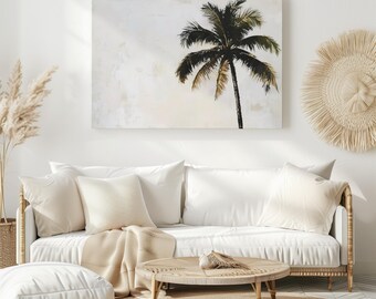 Boho Coastal Wall Decor Vintage Palm Tree Painting Print on Canvas Muted Tropical Wall Art Neutral Beach House Decor Beach Themed Art