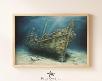 Vintage Shipwreck Print Deep Sea Painting Dark Maritime Art Print Moody Nautical Wall Art Antique Seascape Wall Art Coastal Home Decor