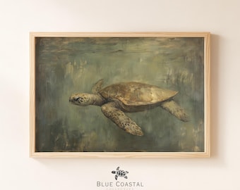 Antique Sea Turtle Poster Ocean Painting Green Sea Turtle Art Print Coastal Beach Wall Art Beach House Decor Marine Life Painting