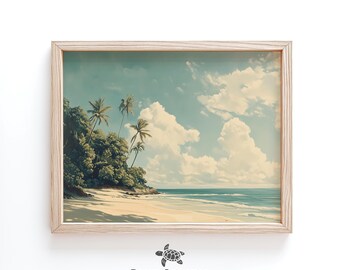 Arte de pared vintage con temática de la costa hawaiana, estampado tropical, estilo bohemio, pintura costera oceánica, decoración para casa de playa, estampado de palmeras