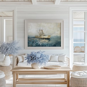 Printable Vintage Shrimp Boat Painting Seascape Painting Florida Wall Art Coastal Beach Home Decor Blue Nautical Decor Maritime Art