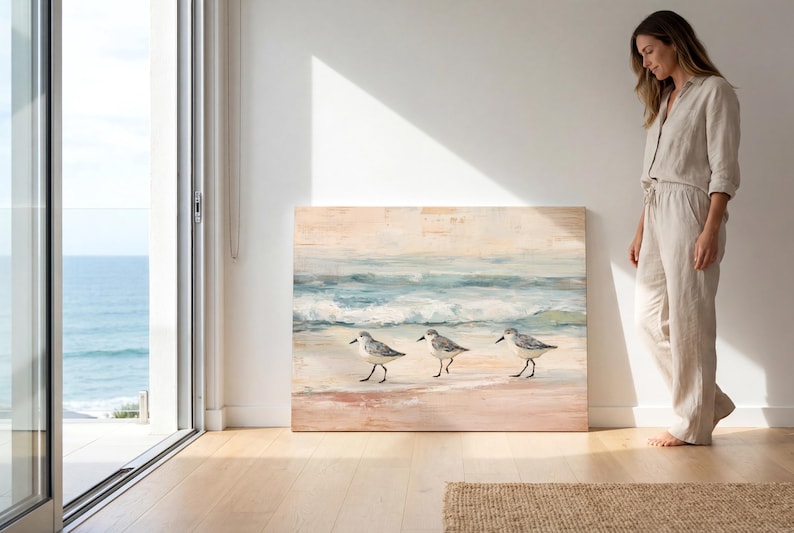 Lienzo vintage de playero con diseño de Florida para decoración de casa de playa, pintura de aves con olas oceánicas apagadas, colgante de pared para oficina, decoración costera bohemia imagen 3