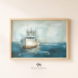 Vintage Shrimp Boat Painting Blue Nautical Wall Decor Coastal Beach Home Decor Maritime Art Print Florida Wall Art Seascape Painting