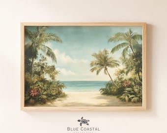 Lámina antigua de playa tropical con palmeras, arte mural de la costa hawaiana, arte mural tropical, pintura boho costera del océano, decoración para casa de playa