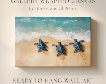 Adorable Sea Turtles Print on Canvas Beach Wall Art Vintage Coastal Beach Wall Art Baby Sea Turtles Painting Ocean Themed Nursery Decor