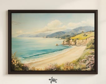 Coastal Wall Art on Canvas Framed Beach Art Ocean Print California Coast Picture Colorful Flower Art Beach Home Decor Vintage Chic Print