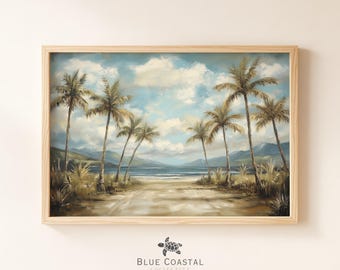 Vintage Tropical Beach Print Coastal Beach Painting Palm Tree Print Beach House Decor Hawaiian Coast Wall Art Tropical Ocean Wall Art