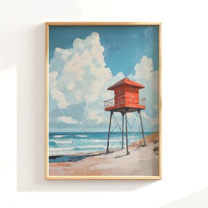 Printable Antique Surf Painting Vintage Beach House Decor Sandy Beach Wall Art California Art Lifeguard Tower Print Summer Art Prints