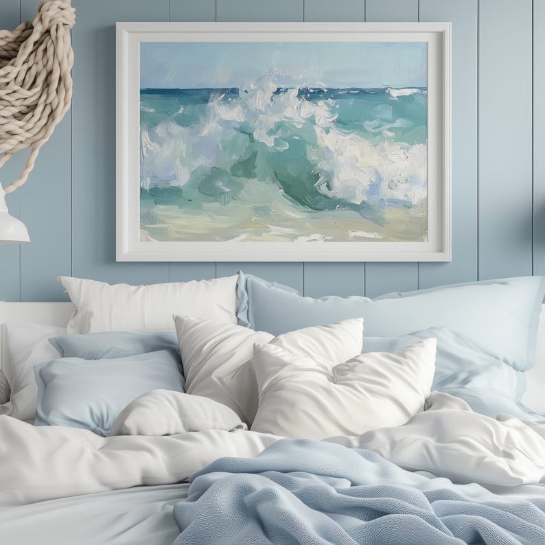 a painting hanging above a bed in a bedroom