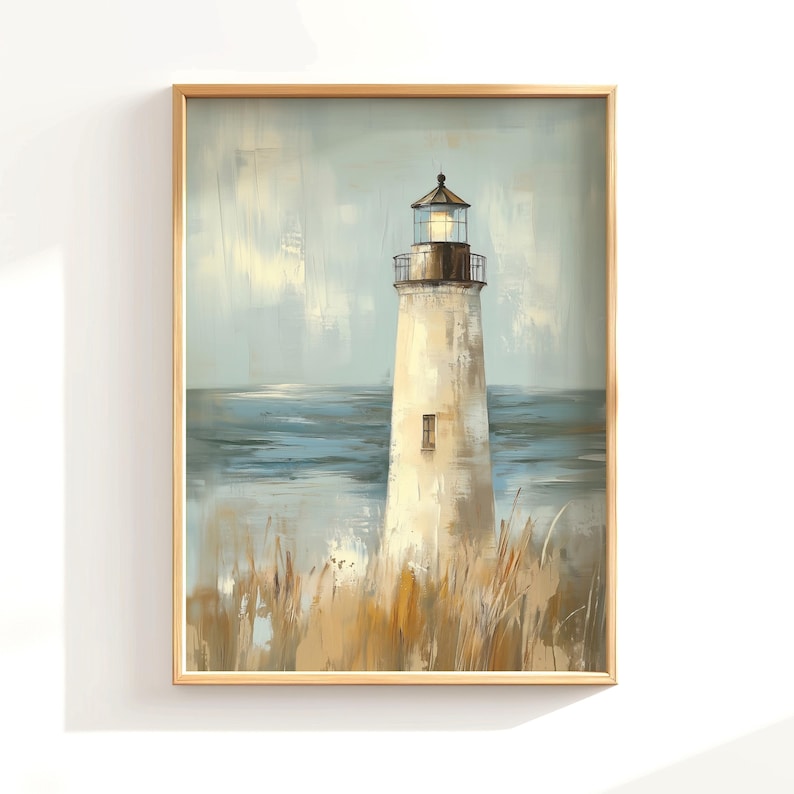 a painting of a lighthouse on a white wall