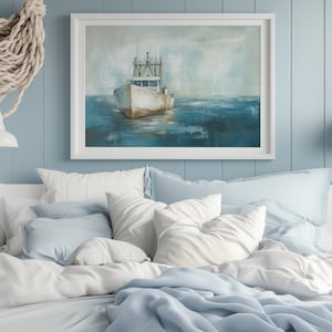 Printable Maritime Art Vintage Shrimp Boat Painting Blue Nautical Decor Seascape Painting Florida Wall Art Coastal Beach Home Decor