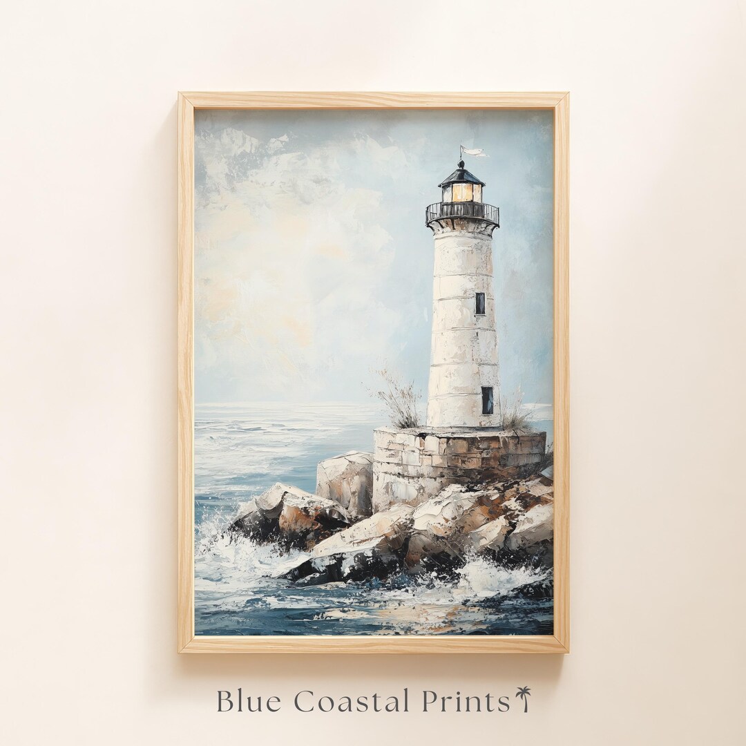 Lighthouse Print Vintage Blue and White Lighthouse Wall Art Nautical ...