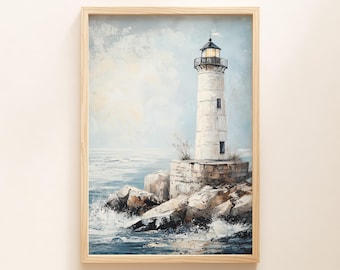 Lámina de faro vintage azul y blanco, arte mural náutico para baño, decoración oceánica, arte mural costero, pintura de paisaje marino