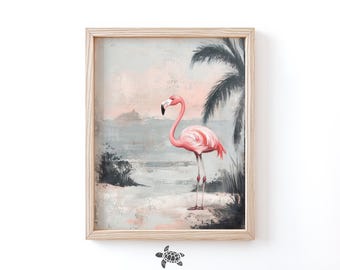 Flamingo Painting Vintage Palm Tree Art Beach Painting Landscape Beach House Decor Tropical Print Coastal Bathroom Print Florida Decor