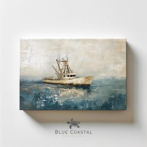 Vintage Shrimp Boat Canvas Print Antique Seascape Painting Blue Nautical Decor Florida Wall Art Coastal Beach Decor Maritime Art Print