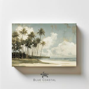 Vintage Tropical Matte Canvas Boho Coastal Ocean Painting Tropical Wall Art Palm Tree Print Beach House Decor Hawaiian Coast Wall Art