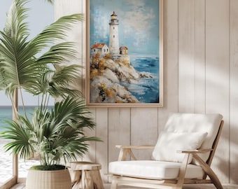 Lámina vintage de faro, decoración costera para habitación infantil, decoración para casa de playa, paisaje marino, pintura de faro, paisaje náutico, arte mural de playa.