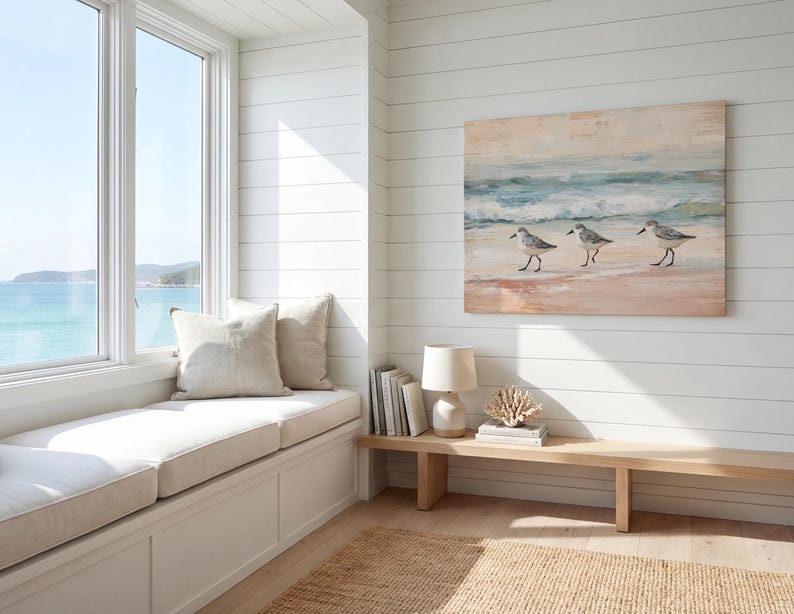 Lienzo vintage de playero con diseño de Florida para decoración de casa de playa, pintura de aves con olas oceánicas apagadas, colgante de pared para oficina, decoración costera bohemia imagen 11
