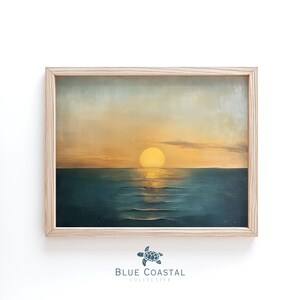 Gedempte zonsondergang schilderij oranje lucht Art Print zomer oceaan landschap oceaan muur kunst kust muur decor zonsondergang kunst print oceaan schilderij