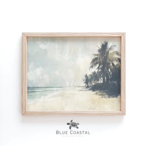 Muted Hawaiian Beach Print Boho Beach House Decor Soft Coastal Landscape Antique Palm Tree Wall Art Vintage Neutral Beach Painting