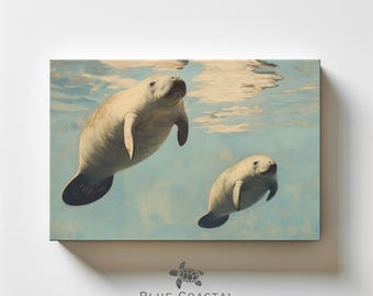 Impresión en lienzo vintage de manatí madre y cría, decoración infantil con temática de playa, obra de arte de Florida, pintura oceánica, arte de vida marina, pintura de manatí