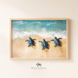 Uroczy nadruk z żółwiami morskimi, dekoracja pokoju dziecięcego w stylu oceanicznym, urocze małe żółwie, obraz ścienny w stylu plażowym, vintage, nadmorska plaża