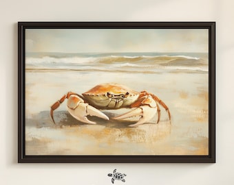 Framed Crab Wall Art Beach Themed Decor Large Crab Painting Beach Inspired Artwork Ocean Decor for Beach House Coastal Painting Vintage Crab